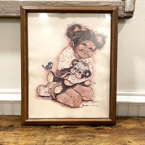 K. Smith African American Girl Art Print Vintage 70s 80s Framed 12.5 x 15.5 - Picture 2 of 9